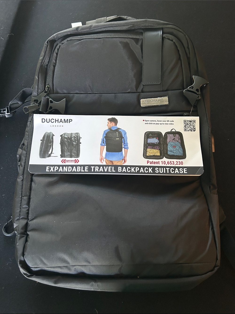NWT Duchamp London Black Expandable Travel Backpack- $175 retail